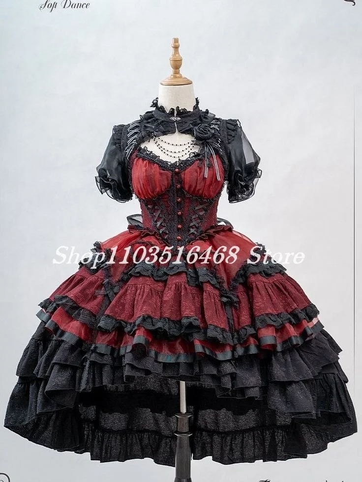 Black Red Vintage Lolita Party Prom Dresses Corset Lace Up Applique Embroidery Strap Shawl Pom Pom Short Dress Gothic Customised