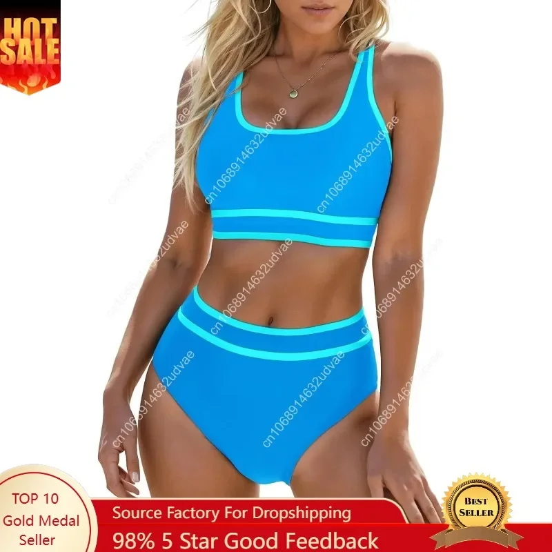 Womens High Waist Bikini Sets Sporty Color Block Two Piece Swimsuits Scoop Neck Cheeky Bathing Suits