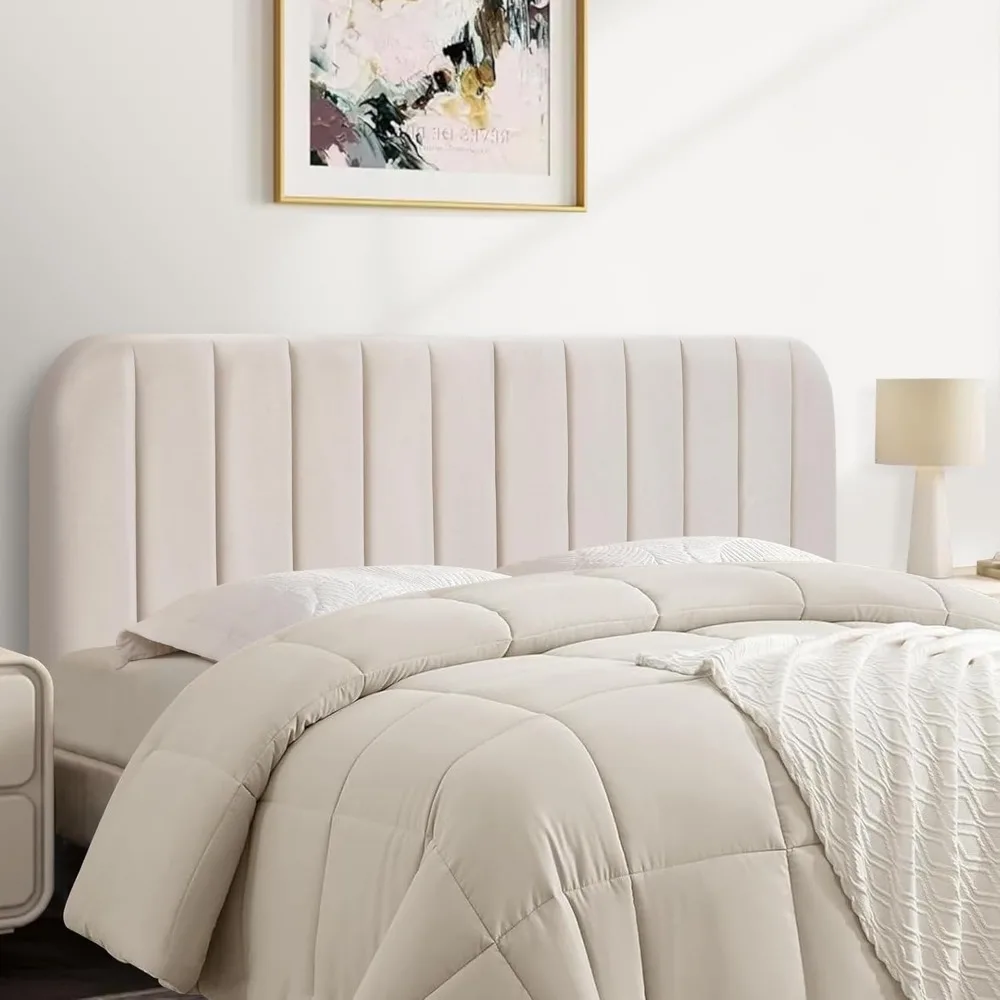 

Upholstered Headboard ，Striped Interval - Adjustable Height， Metal Legs - Bed Frame (Beige, Queen (U.S. Standard))