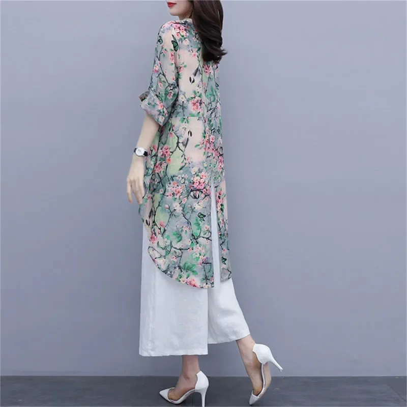 Single/Sets 2024 Summer New Female Korean Fashion Two Piece Overpants Casual Top Chiffon Wide Leg Pants Set For Women