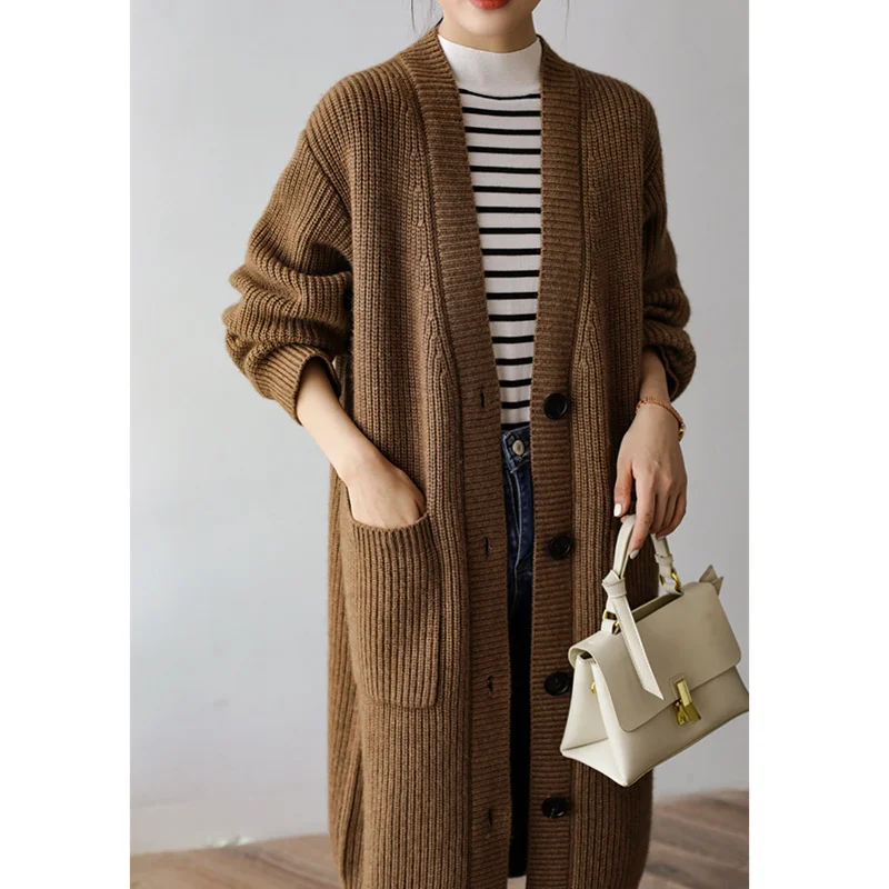 Foreign air pocket over knee long cashmere cardigan women autumn winter Korean version of sweater coat loose  wool overcoat