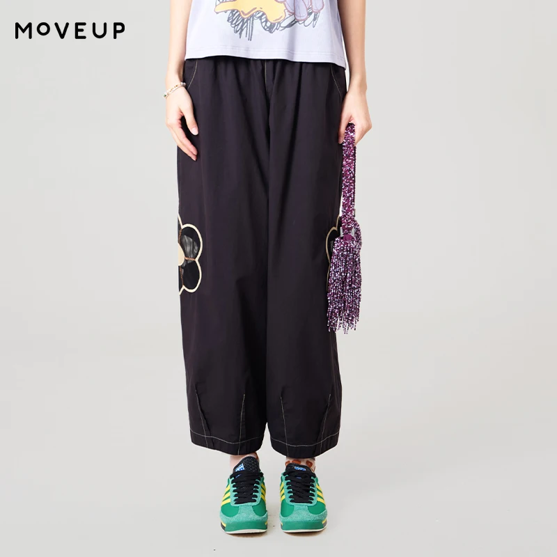 

MOVEUP Casual Straight Pants 2026 Summer New Pure Cotton Elastic Waist Embroidered Casual Commuting Trousers For Women 3ELX20118