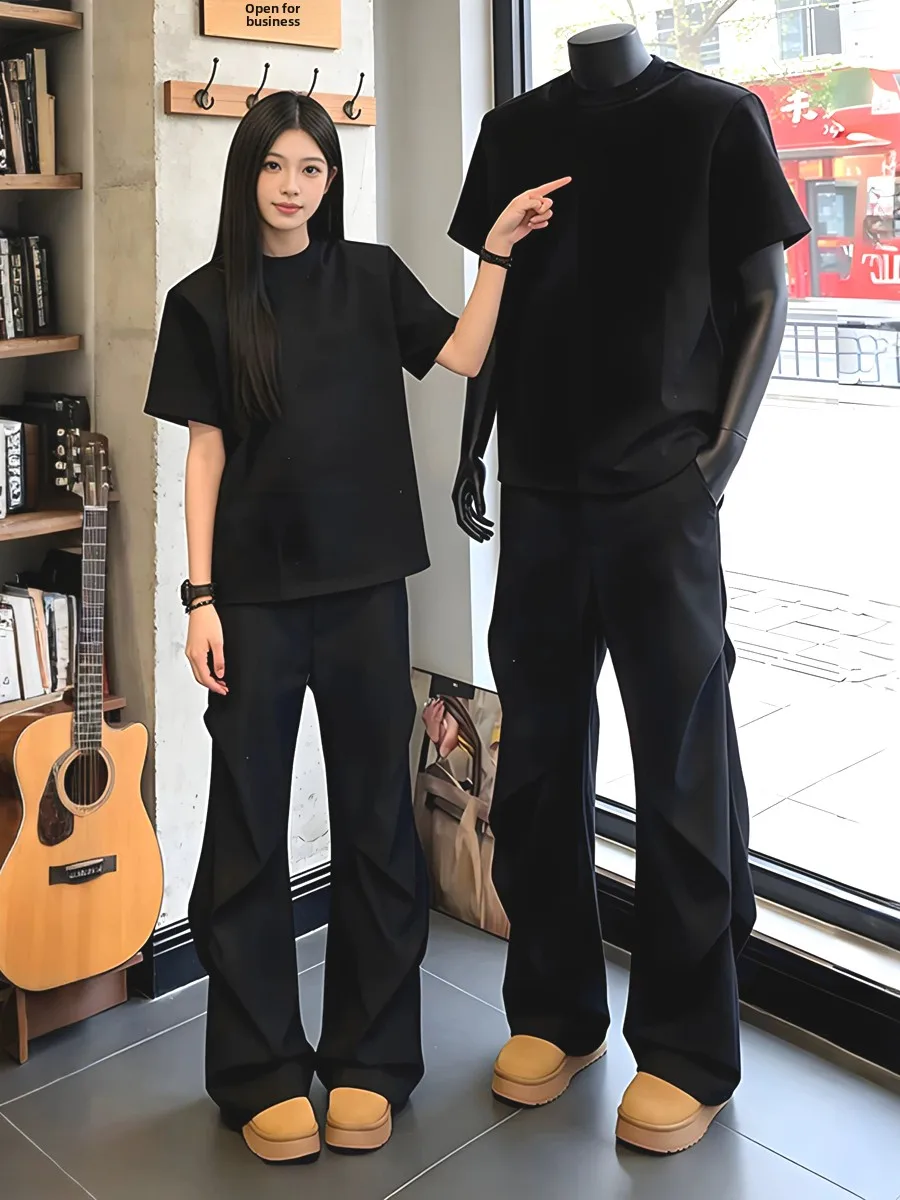 Camiseta Negra Adelgazante con Hombreras para Hombre, Estilo Urbano de Moda, Manga Corta, Corte Holgado, Estilo Juvenil Popular