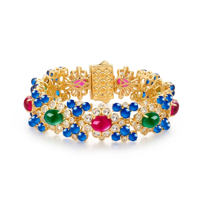 Bellux lab grown emerald 925 silver plated gold courtly style fine jewelry in red green and blue exquisite luxury bracelet
