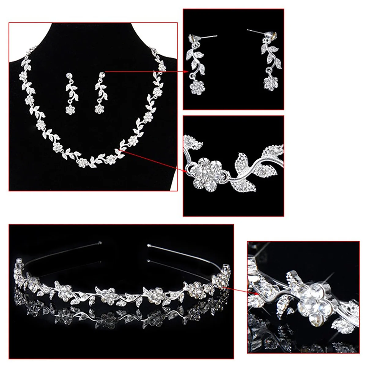 

Leaf Crown Bridal Jewelry Set Silver Rhinestone Alloy Wedding Tiara For Women Party Engagement Accessories