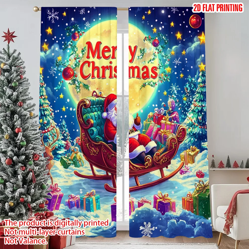 

2pcs 2D flat printing Christmas Curtain Father Christmas 00 Versatile Polyester Fabric Without Electricity Festive Holiday
