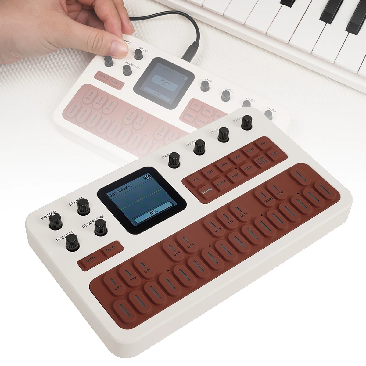M-VAVE FM-1 (SK15) Brown Portable FM Synth - 27 Keys, 3-Channel MIDI (USB/Bluetooth/3.5mm), 12h Battery, TFT Display, Portable