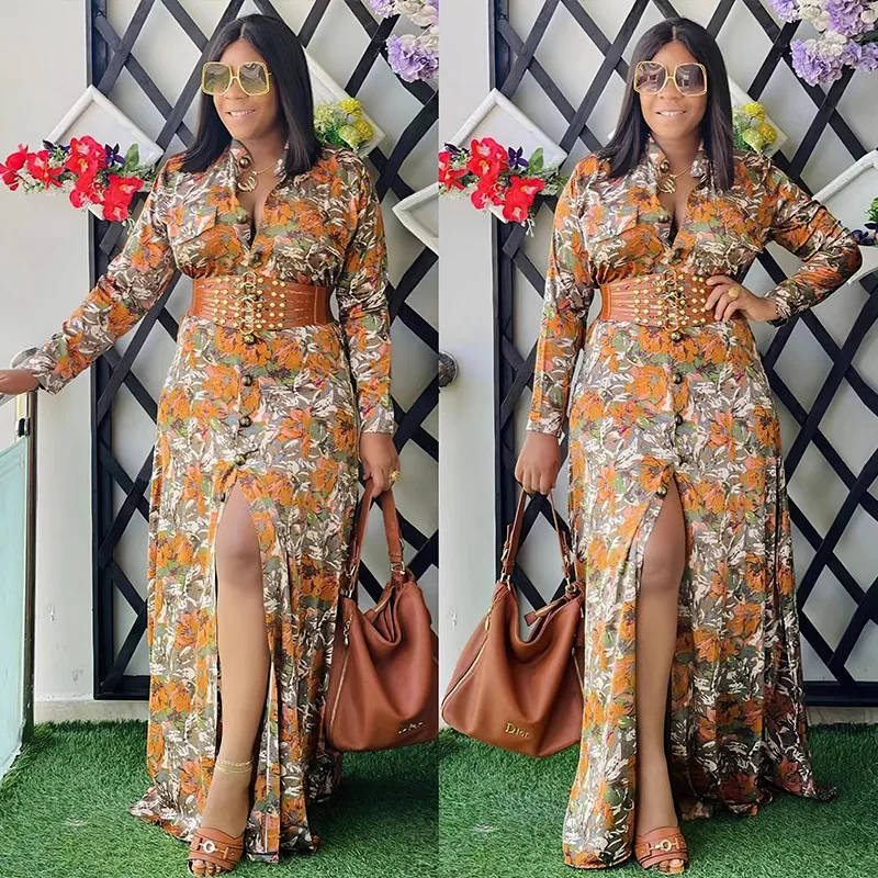 African Dress Women Sexy Long Dresses Flower Print A Line Single Breasted Belt Tight Waist Autumn Elegant Africa Split Vestidos