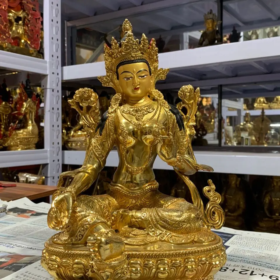 Tibetan Green Tara Pure Copper Gilt Buddha Statue One Foot 31cm Buddhist Hall Supplies Dedicated to Gods Seiko Edition Factory W