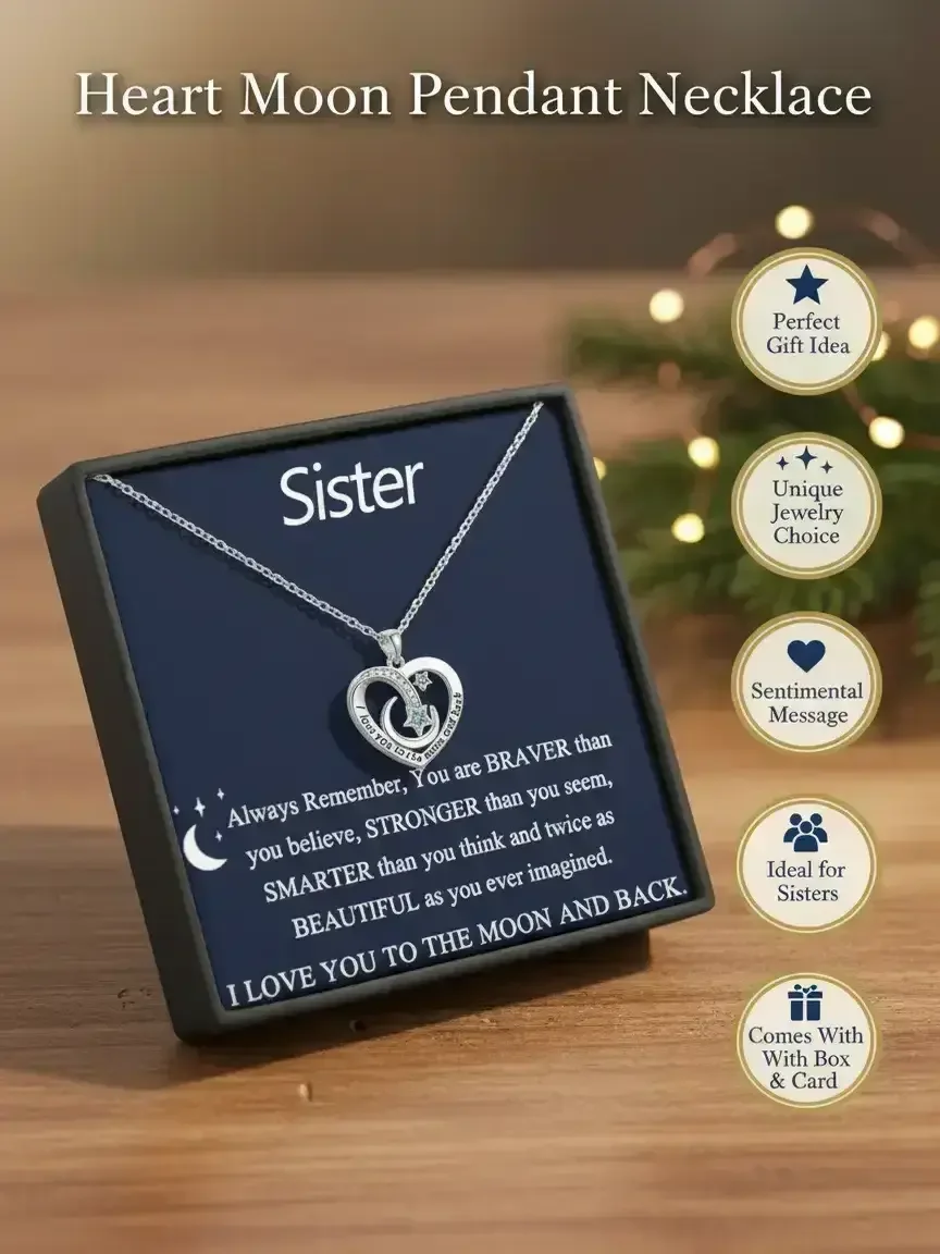Mother's Day Gift To My Sister Heart Moon Pendant Necklace, Friendship Jewelry, Sister Birthday Gift, Christmas Gifts, Includes Box and Card