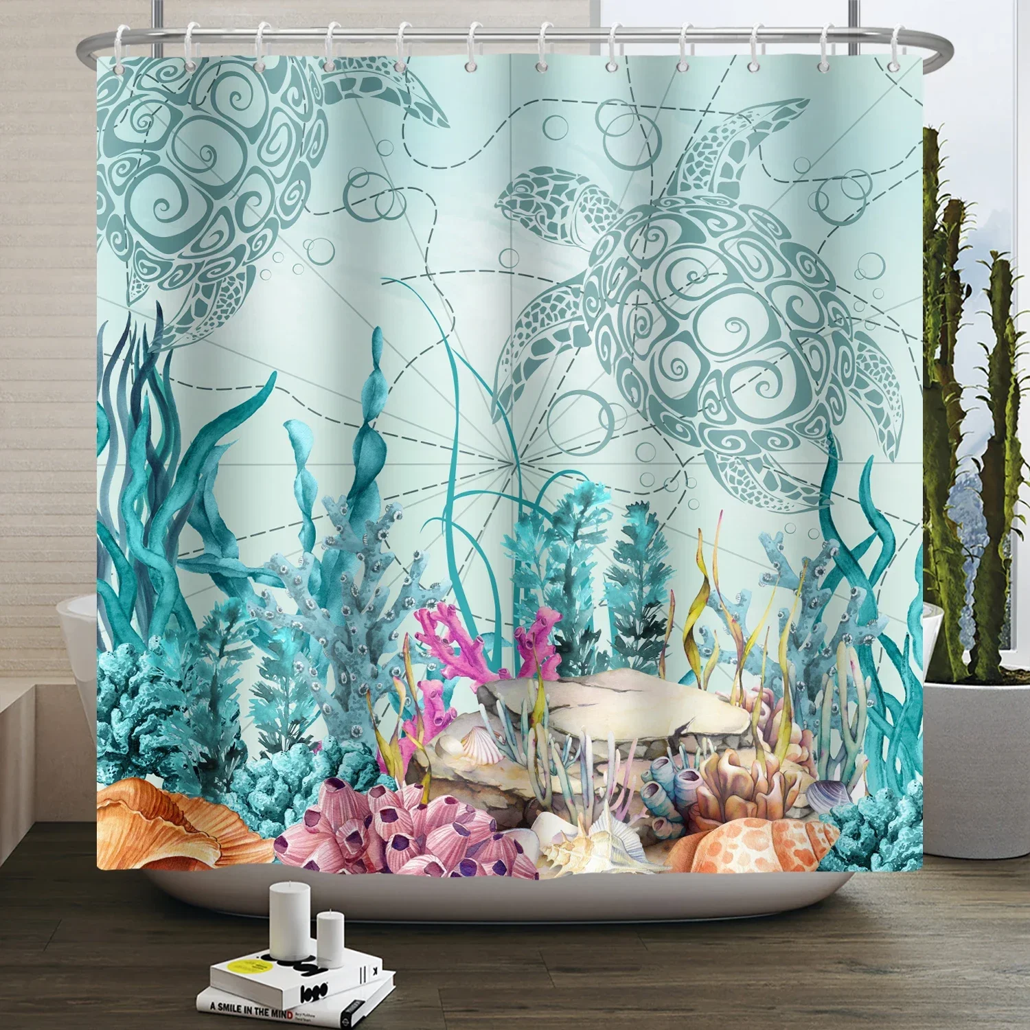Ocean Animals Shower Curtain Underwater Marine Life Sea Turtle Bath Curtain Waterproof Bathroom Decoration Screen with Hooks