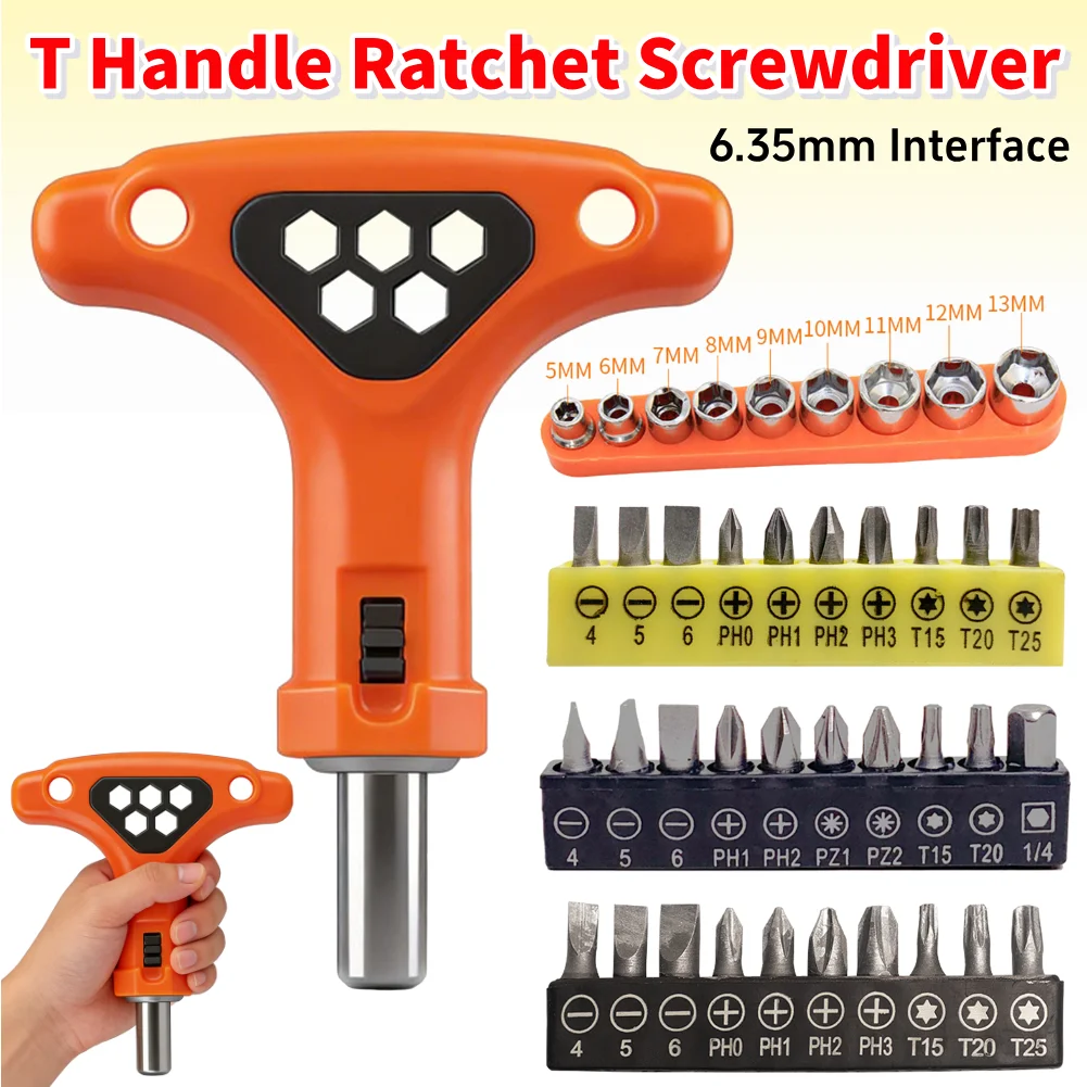 

Ratcheting Bit Driver with Non-Slip Handle Adjustable T Shape Wrench Multifunctional for 1/4 Inch Hex Screwdrivers Bits Set