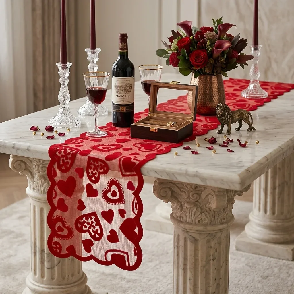Valentine's Day Red Heart Lace Table Runner Hollow Out Sheer Table Decor with Scalloped Edge for Wedding Anniversary Romantic Dinner Party Decoration