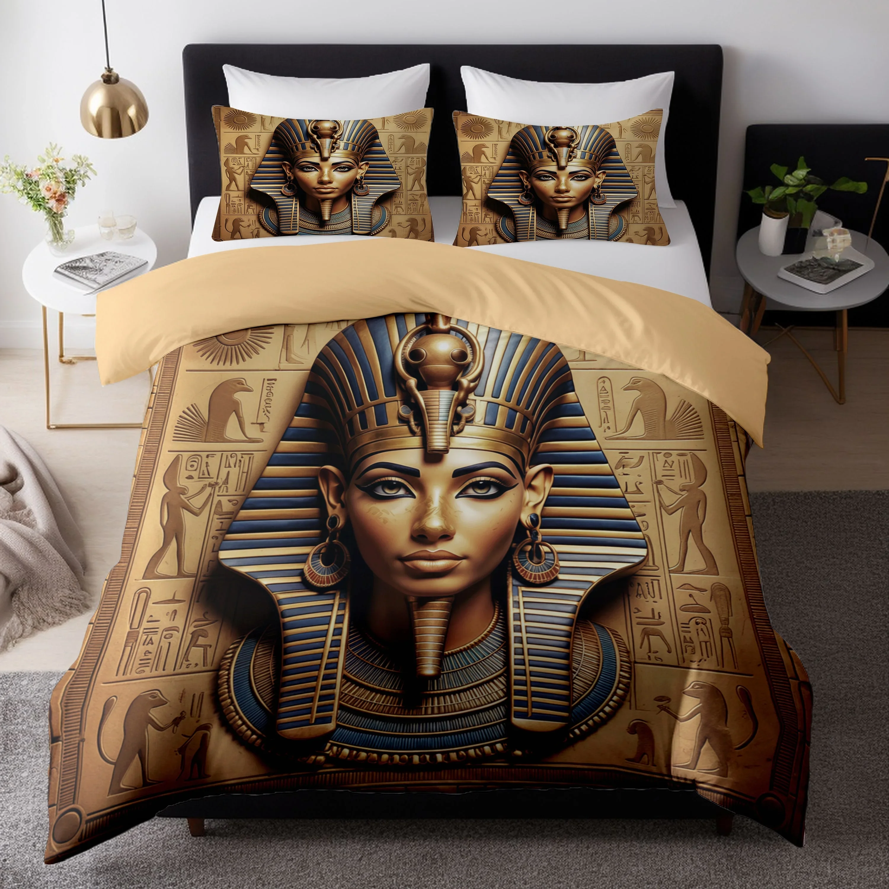 Duvet Cover Set Pharaoh High Priest Mummy Sphinx Ancient Egyptian Civilization Relief Totem Mysterious Print Soft Bedding Set
