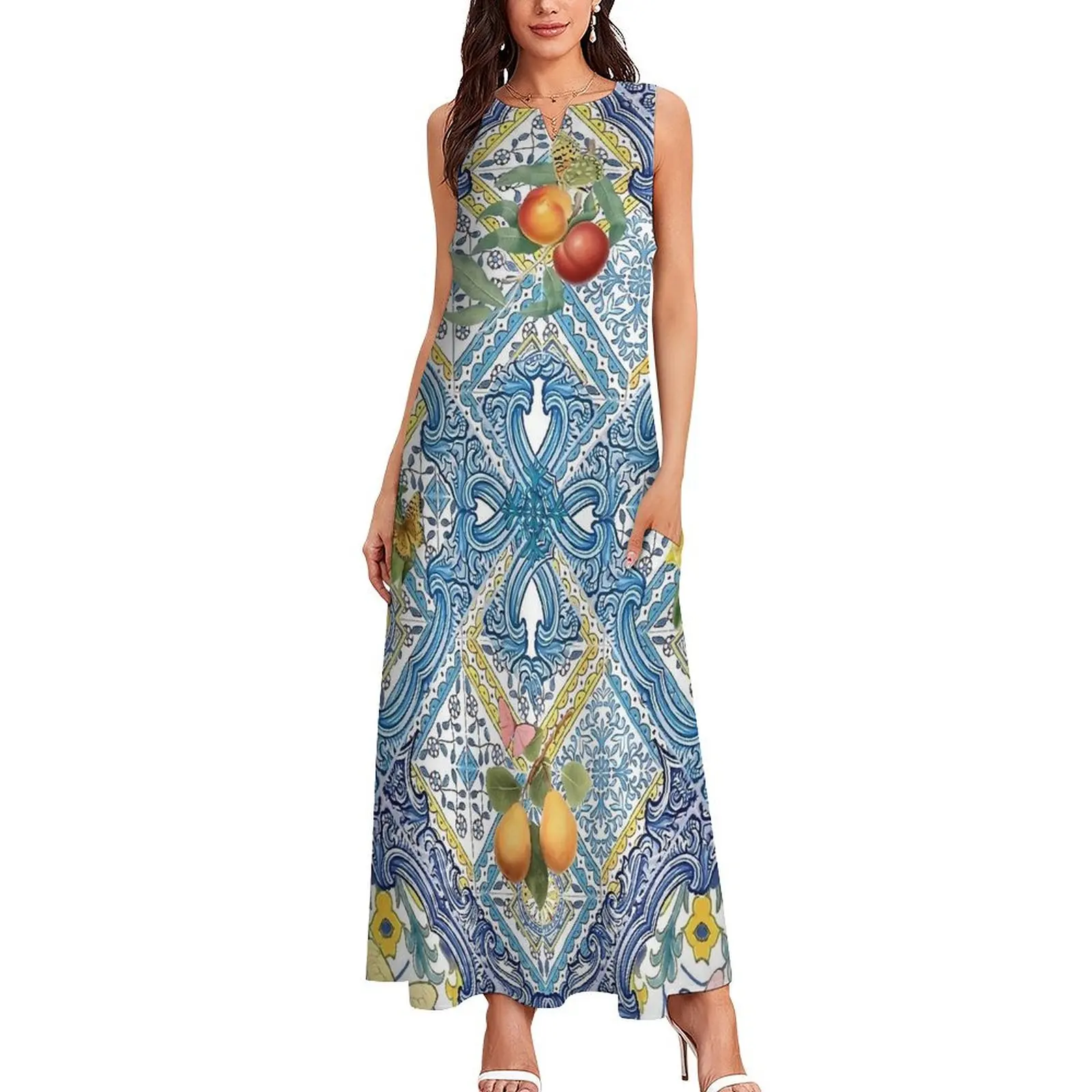 Retro Lemon Blue Tiles Dress Summer Italian Citrus Fruit Street Fashion Casual Long Dresses Women Trendy Maxi Dress Gift Idea