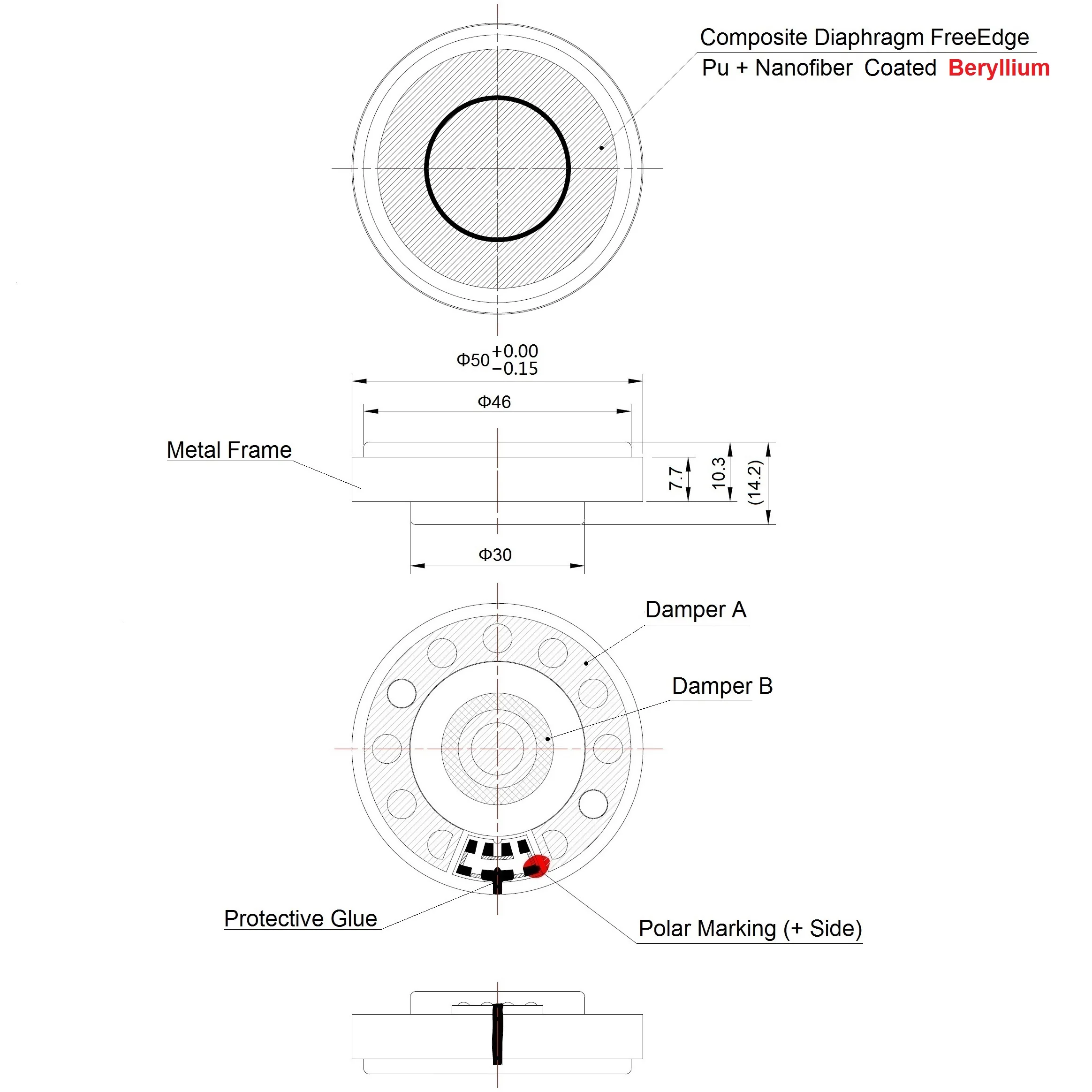 Haut-parleur de casque Hifi, unité de pilote, diaphragme composite au béryllium, haut-parleur à bord libre, 32ohms, 50mm