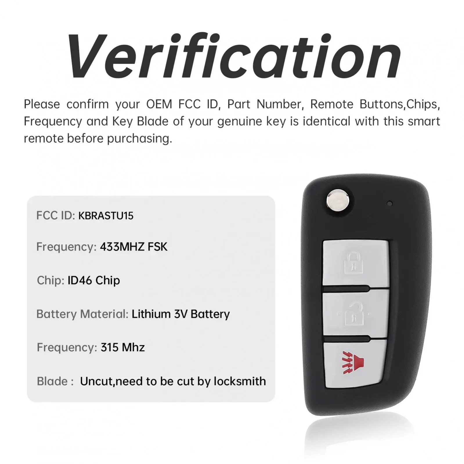 Cangkang Kunci Mobil Remote 3 Tombol 315Mhz untuk Nissan Versa Xterra 2005-2014, Casing Kunci Remote yang Ditingkatkan dengan Chip ID46 KBRASTU15