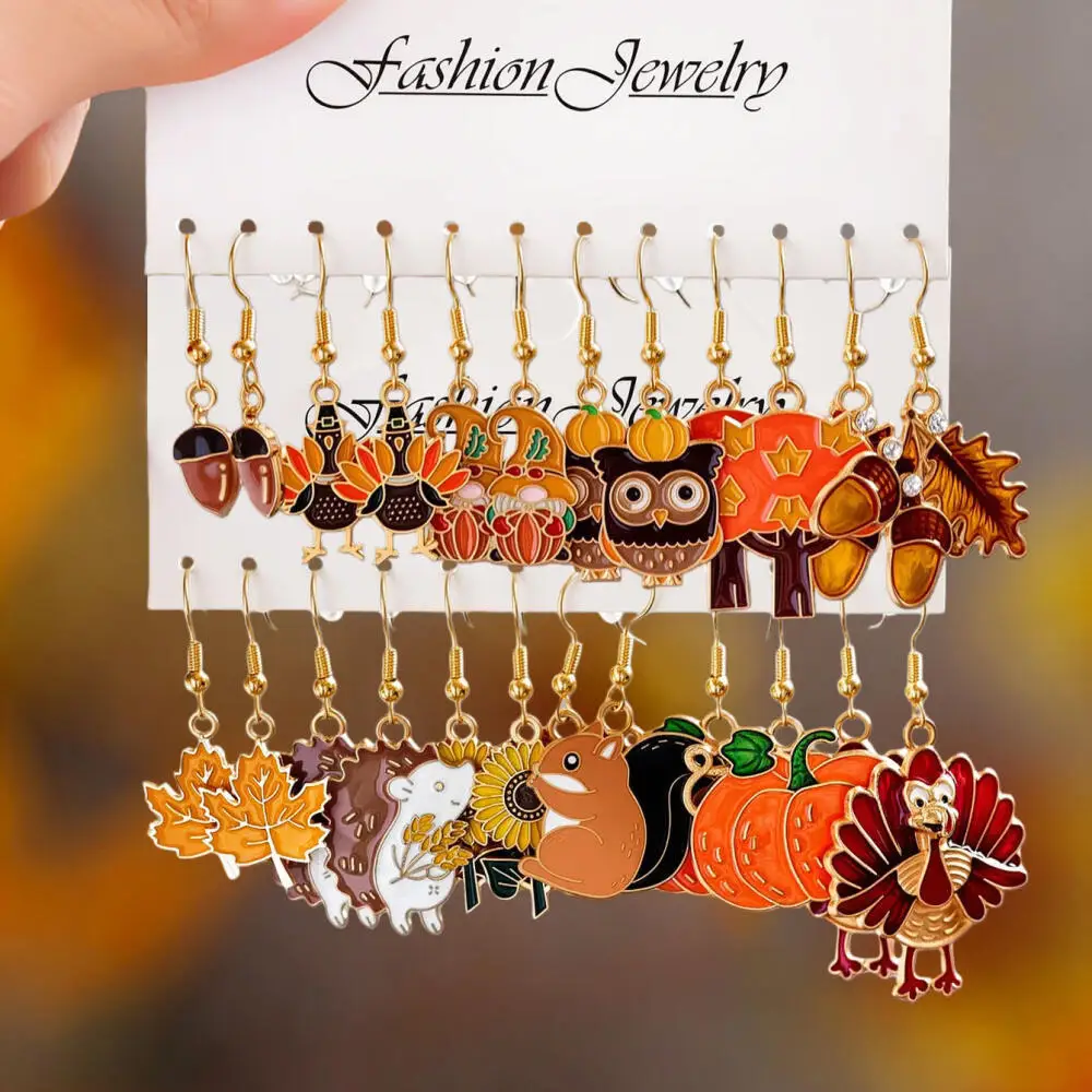 6/12Pairs Thanksgiving Fall Dangle Earrings Set Turkey Maple Leaf Squirrel Acorn Enamel Drop Earrings Women Holiday Party Gift