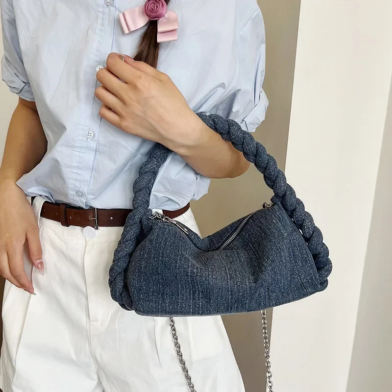 Preppy Style Niche Cloud Handle Bag New Fried Dough Twist Strap Denim Underarm Bag Upscale Exquisite Chain Women Crossbody Bag