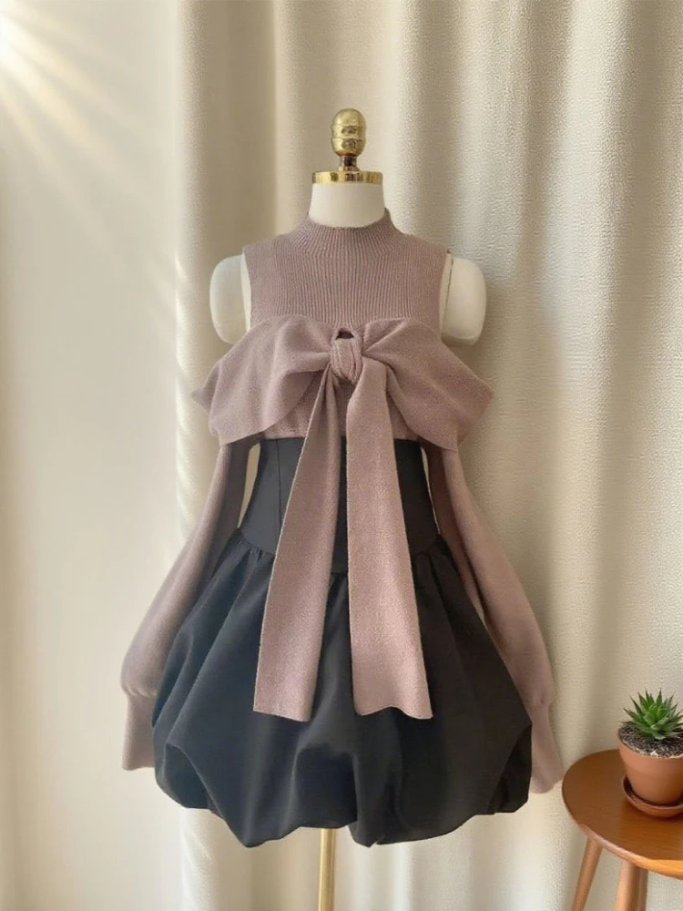 

Сладкий кавайный комплект из 2 предметов в японском стиле, топы с открытыми плечами и бантом + утягивающая юбка с пузырьковым подолом, женская новинка 2025 года, зимняя модная одежда