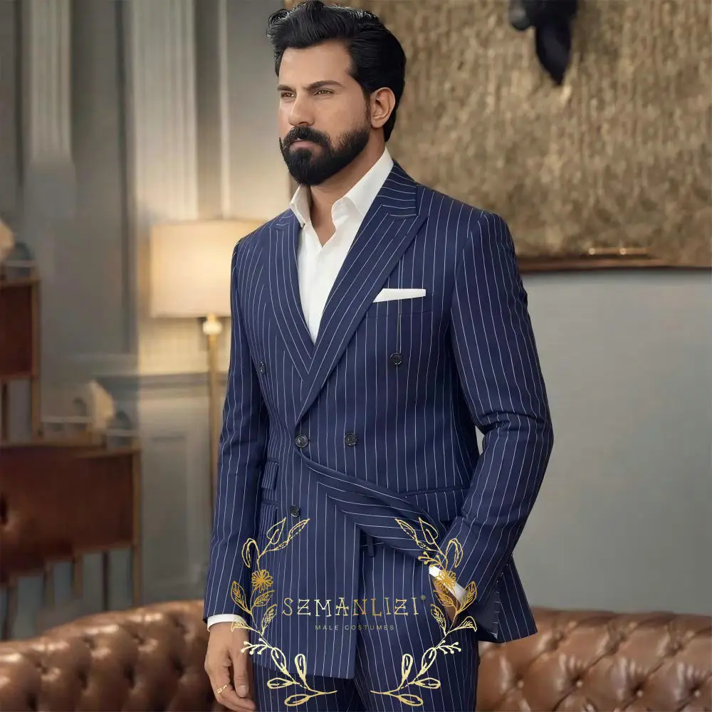 

Fashion Navy Blue Striped Men's Suits Double Breasted Peak Lapel Skinny Wedding Party Tuxedo 2 Piece Jacket Pants Terno Outfit