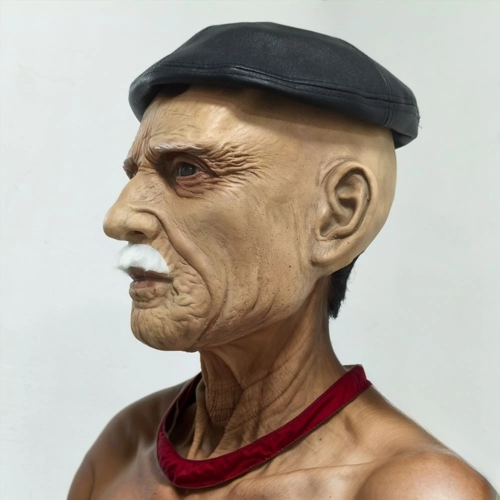 Männer realistische alte Mann Gesichtsmaske mit Baskenmütze Hut Halloween Kostüm Zubehör PU Leder Bart Mode Erwachsene Cosplay Gummi Maske – Detail 8
