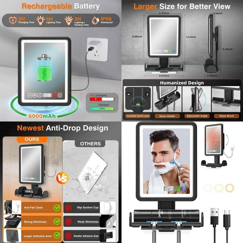 Espelho LED antiembaçante com calor, relógio e armazenamento para barbear no chuveiro