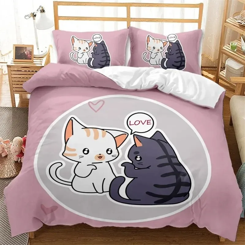 Kawaii Cat Duvet Cover Cartoon Bedding Set Microfiber Cute 3D Animals Comforter Cover Twin Full King For Kids Boy Girl Teen Room