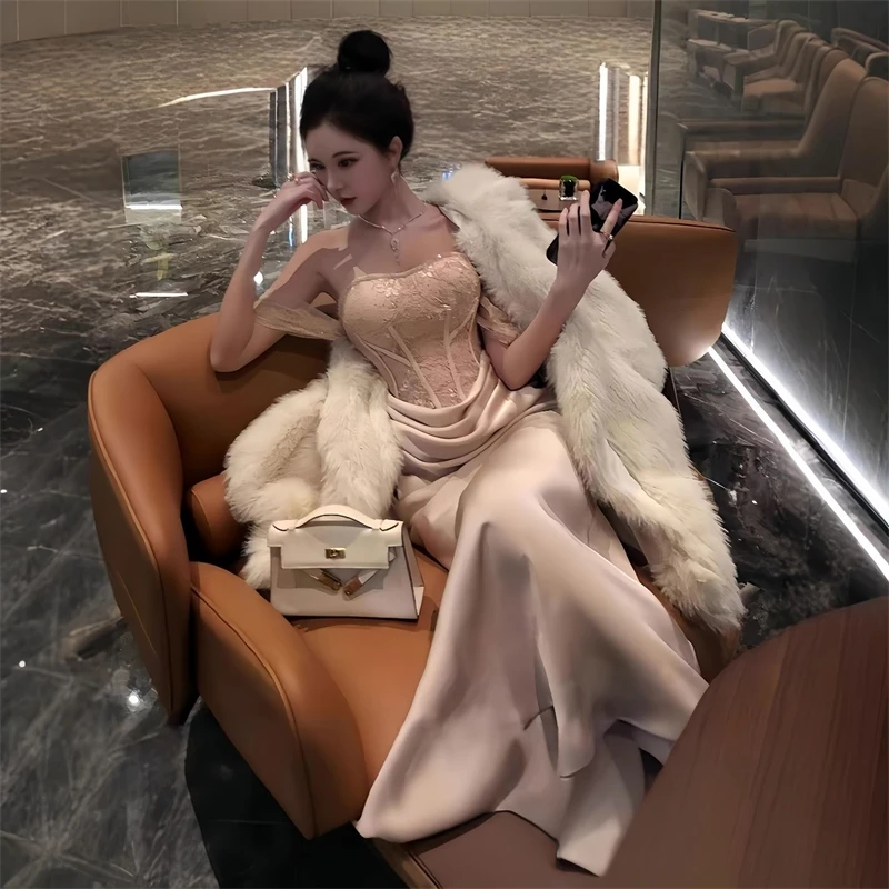 Vestido trompeta elegante de retazos de satén para mujer, ropa Vintage con hombros descubiertos, Vestidos elegantes para fiesta de cumpleaños para mujer, ceñidos