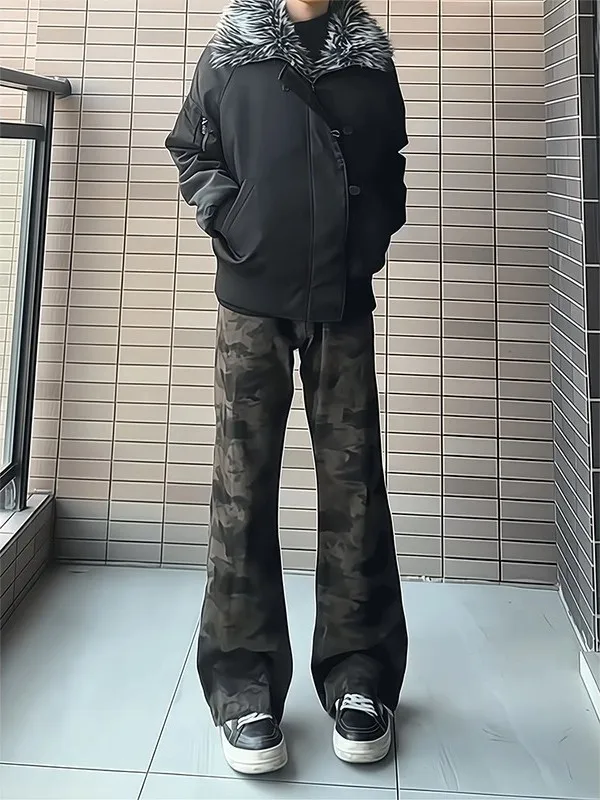 

Американские ретро-джинсы с камуфляжным принтом, расклешенные, мужские, осенне-зимние, прямые, зауженные, в стиле стритстайл, рабочие брюки-карго