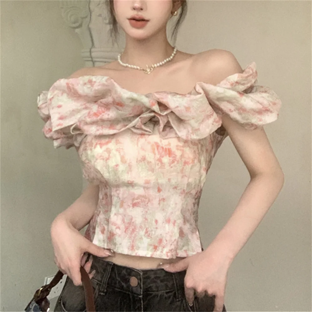 PLAMTEE S-M Women Slash Neck Florals Blouses Summer Off Shoulders 2023 Short Sleeve Sweet Party Ruffles Slim New Daily Mujer