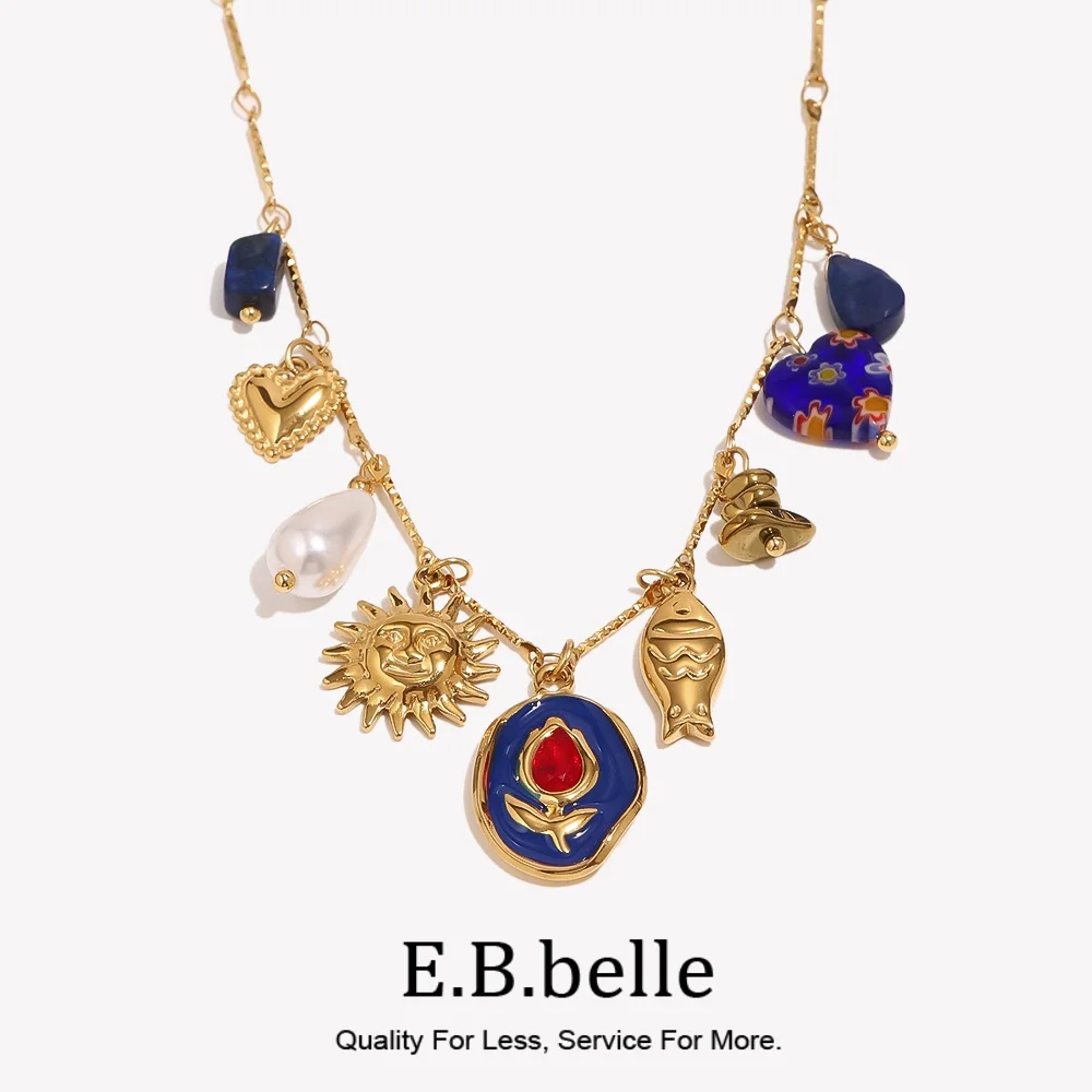 E.B.belle Cute Statement Tulip Blue Brand Stainless Steel Element Fish Heart Sun Pattern  Gold Plated Tarnish Free Daily Jewelry