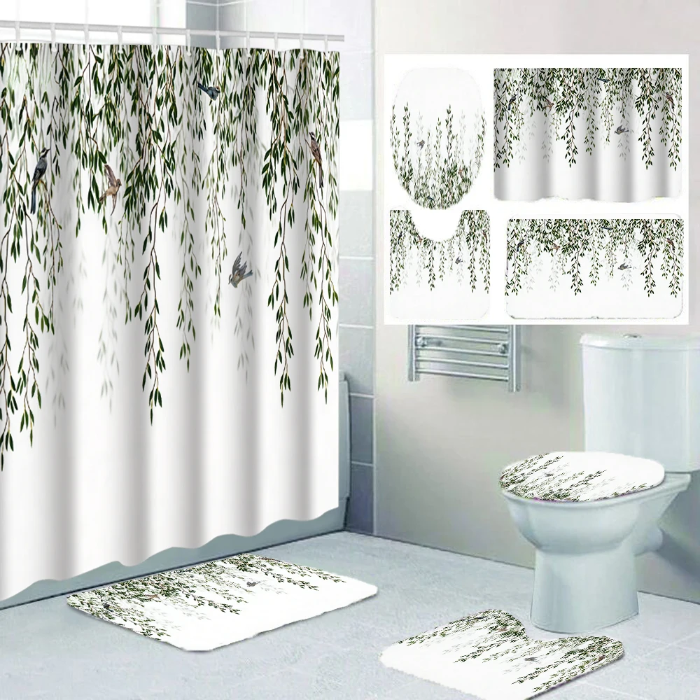 4/1 Duschvorhang mit Trauerweidenblättern, Dekoration für Toilettensitz, Duschvorhang mit Teppich und Toilettendeckel, Größe 70,8 x 70,8 Zoll