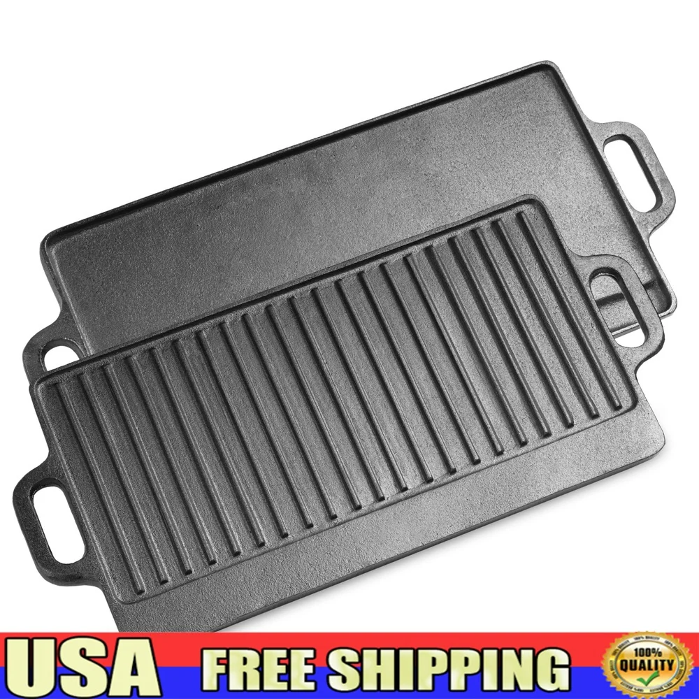 

Двусторонняя предсезонная чугунная сковорода 2-в-1, двухсторонняя сковорода с антипригарным покрытием, кухонная сковорода для кемпинга, легко чистящаяся сверхмощная сковорода