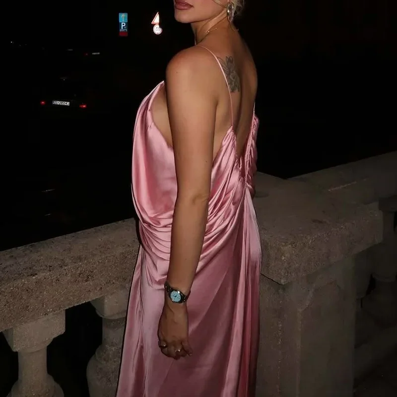 Damesmode effen satijnen losse lange jurk lente zomer diepe v-hals holle avondjurk sexy backless spaghetti-jurken