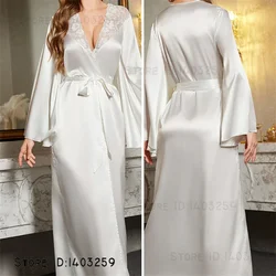 White Bride Wedding Robe Dress Loungewear Sexy Lace Long Bathrobe Night Gown Elegant Silk Satin Big Sleeve Nightdress Homewear