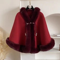 2024 New Winter Solid Poncho Thicken Fleece Collar Cape Coat Elegant Beautiful Women Christmas Party Dress Cloak Warm Wraps Gift