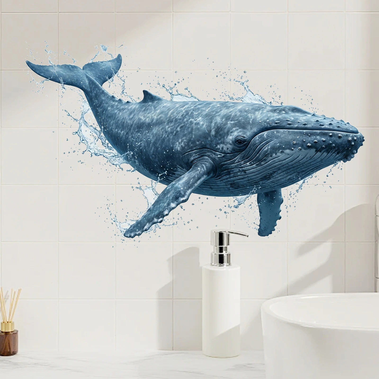 Vinilo Decorativo de Pared con Forma de Ballena Columna, Adhesivo Realista de Ballena Marina con Salpicaduras de Agua para Decoración del Hogar