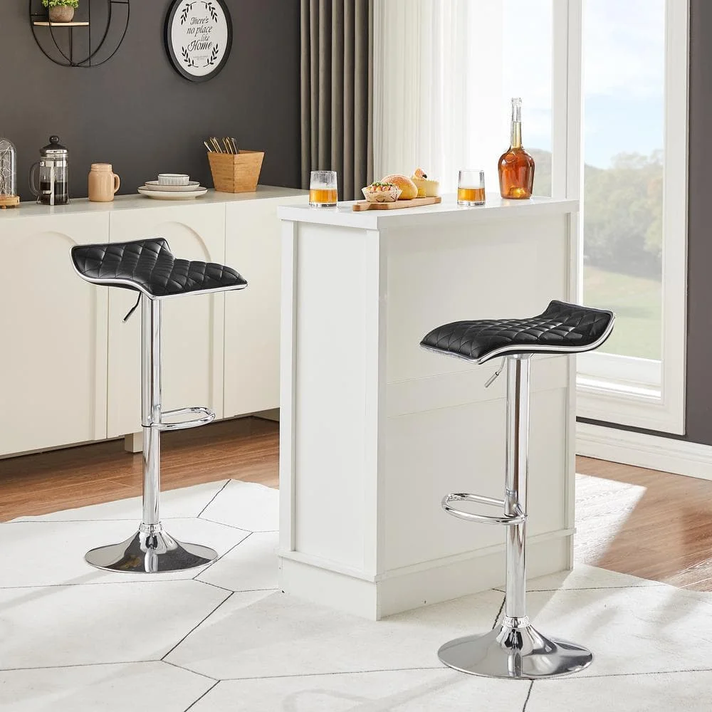 Metal negro ajustable y giratorio de 24,8 pulgadas. Taburete de bar H con taburete de bar moderno de piel sintética y metal, juego de 2
