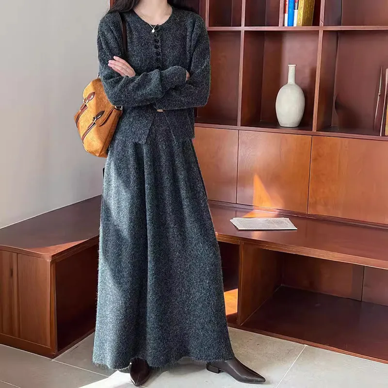 Autumn and Winter New French Solid Color Fashion Knitted Sweater+High Waist Long Dress Two Piece Set
