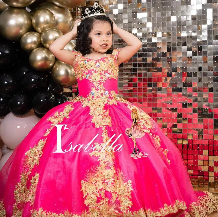 Fuchsia Gold Mini Quinceanera Dress for Girls off shoulder Applique Lace-up Little Pricess toddler Flower Girl Dresses