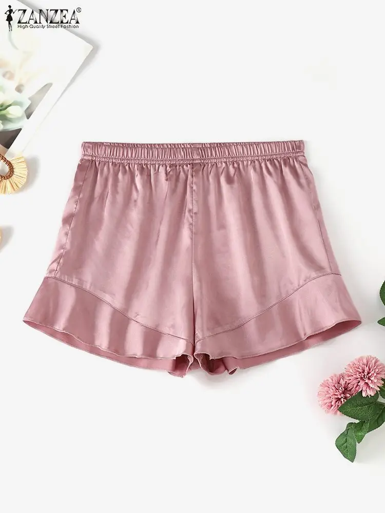 Zanzea Zomer Satijn Thuis Slaap Shorts Elegante Zijden Ruches Dragen Hotpants 2024 Damesmode Losse Elastische Taille Casual Shorts