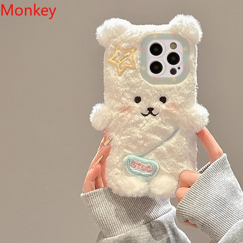 3D Ins Cute Cartoon Backpack Bear iPhone Cases For iPhone 16 Pro Max Case 15 14 Plus 13 12 11 Warm Winter Plush Soft Phone Cover