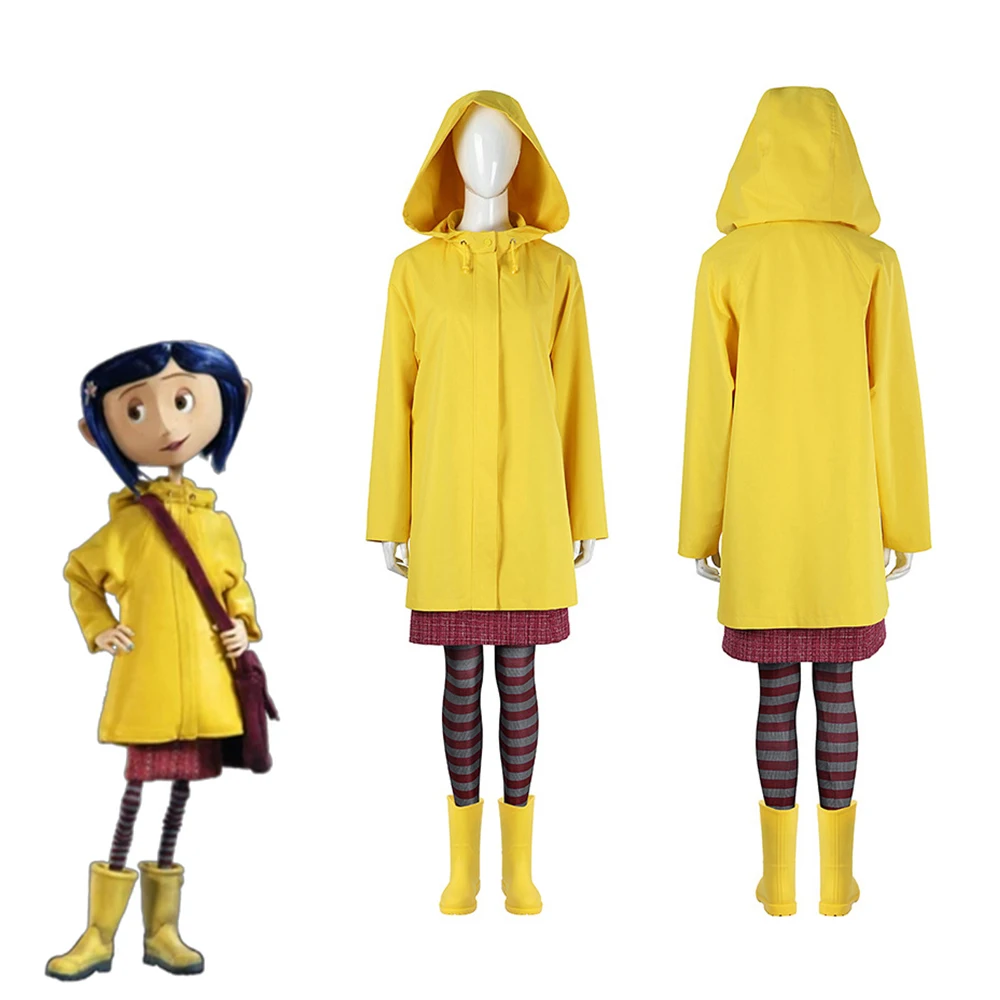 Anime Coraline Cosplay Costume For Women Yellow Hooded Coat Top Skirts Leggings Full Set Halloween Carnival Party Comic Con Gown