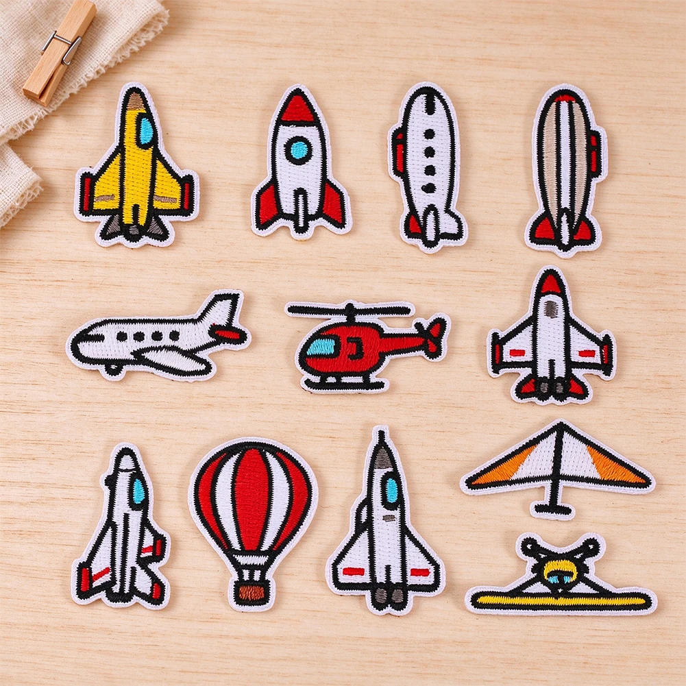 12pcs Airplane Rocket Hot Air Balloon Embroidery Patch Set Ironing Applique for Kids Clothing Jacket Backpack Sewing Decor