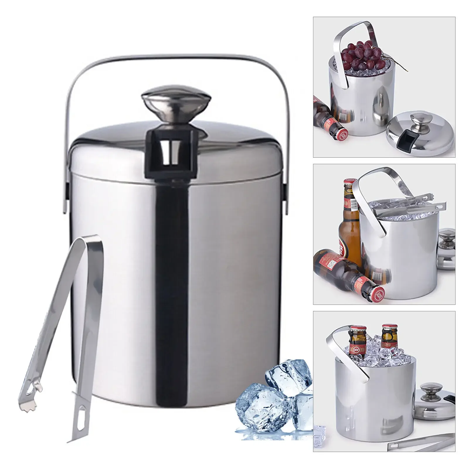 

ICE BUCKET Stainless Steel Insulated Double Wall with Lid Tongs Handle 1.3L