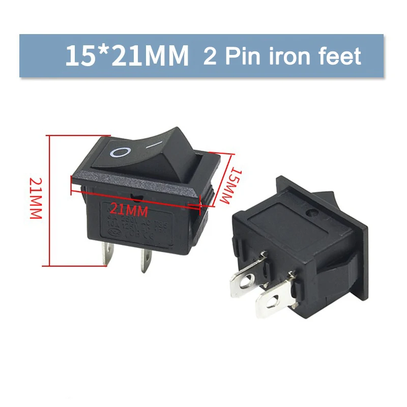 Miniinterruptor de botón negro, interruptor basculante de encendido/apagado, 21MM x 15MM, 6A-10A, 110V, 250V, KCD1, 2 pines, 10 unidades por lote