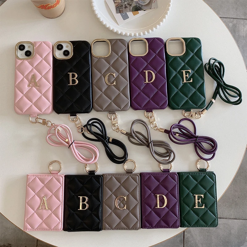 Personalized Name Letter Leather Phone Case for iPhone16 15 14 13 12 11ProMax CardHolder Lanyard Crossbody Shockproof Cover