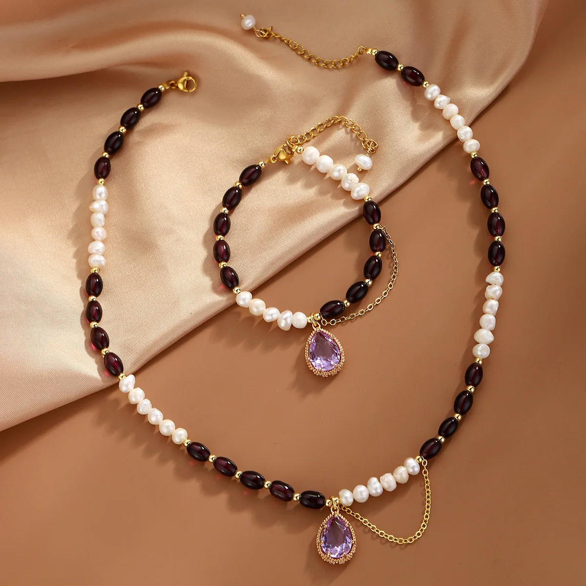 

Natural Freshwater Pearl Bracelet Set with Unique Waterdrop Purple Crystal Pendant Elegant Women Fine Jewelry Set High Quality