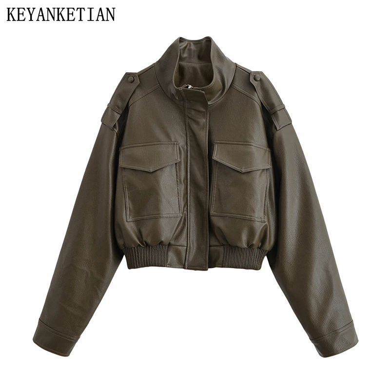 KEYANKETIAN الخريف والشتاء المرأة الجديدة الكتف شارة مزدوجة جيب الرجعية ملابس العمل سترة جلدية معطف جلد المرأة